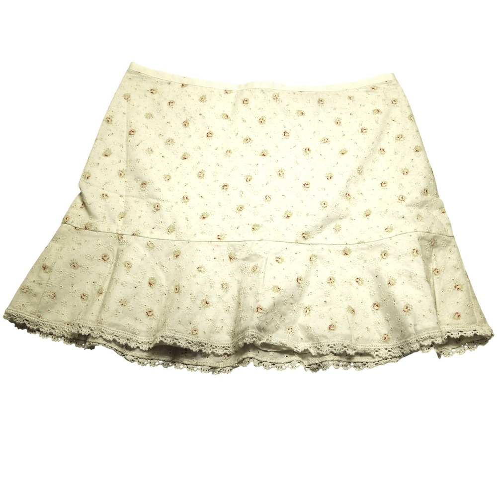 Vintage Y2K Express Women's Cream Floral Eyelet Lace Ruffle Mini Skirt Size 1/2